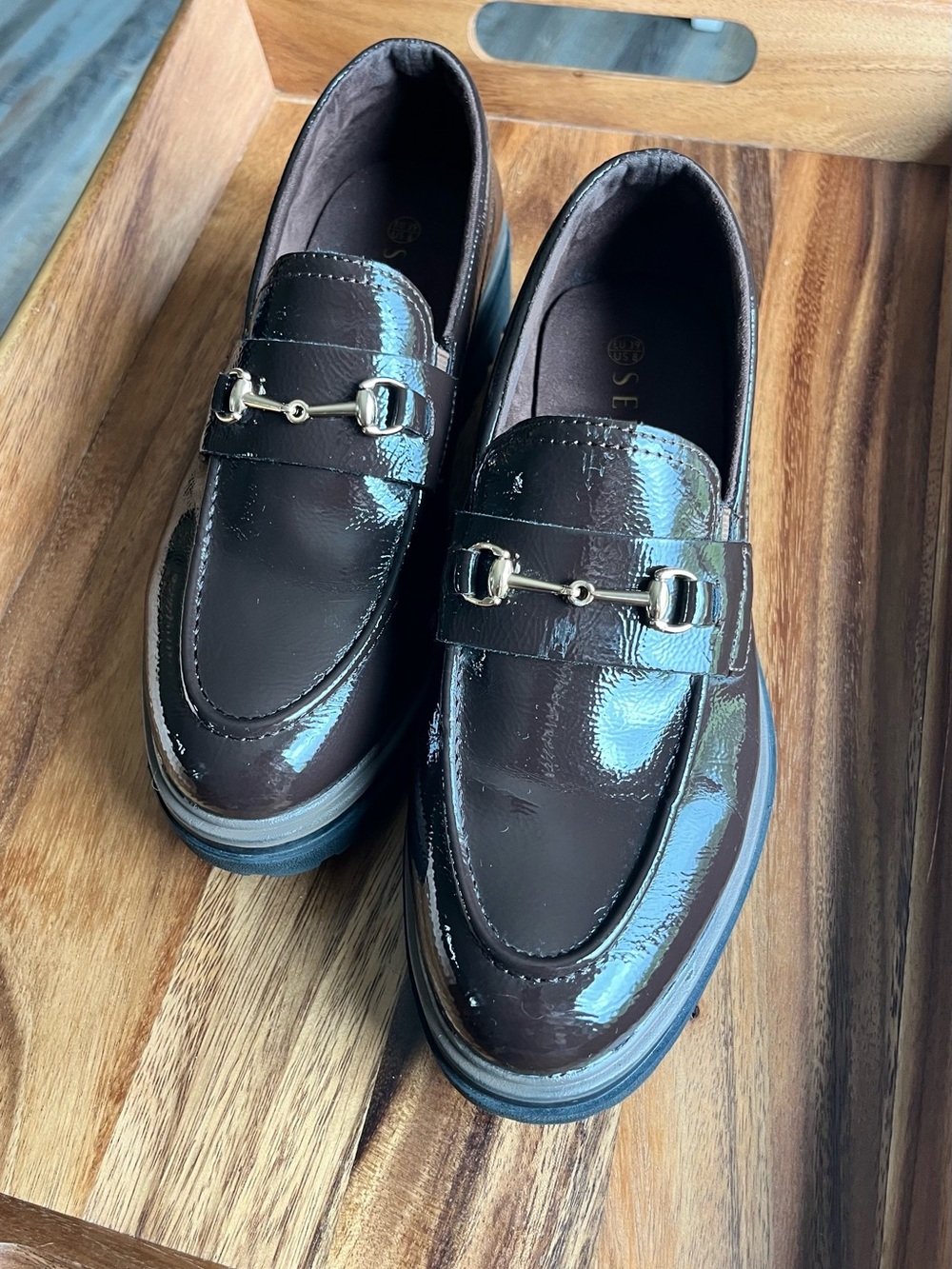 Serra Patent Leather Loafers in Dark Brown with Gold Bit